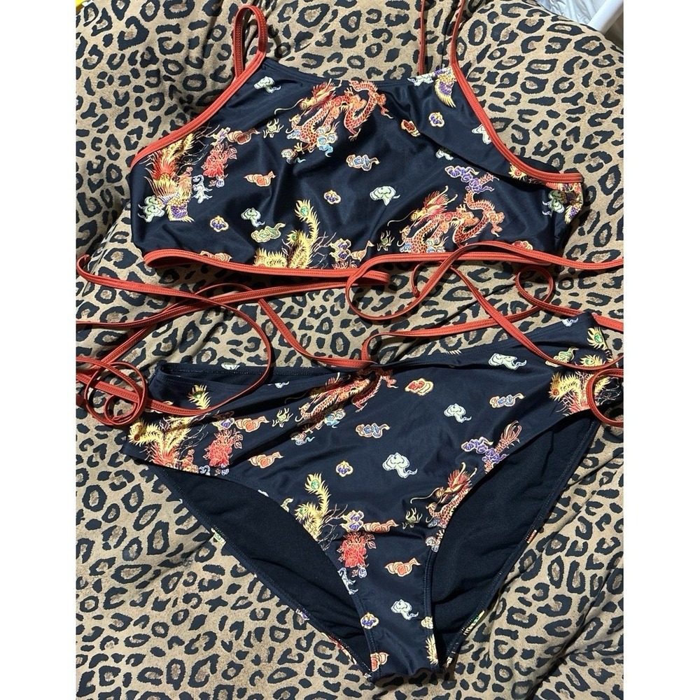 Sexy Plus Size Black Oriental Dragon Print Wrap‎ Around 2pc Swimsuit Bikini 4X